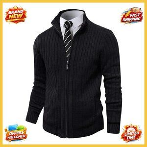 Men's Slim Fit Cardigan Full Zip Stand Collar Casual Knit Sweater Classic Chic